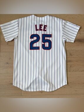 Chicago Cubs Derrek Lee Baseball Jersey Embroidered Pinstriped Majestic Large*V2